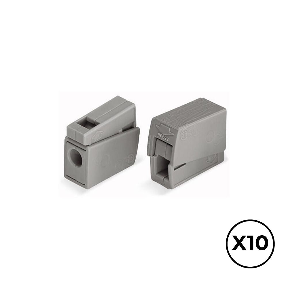 CONECTOR RÁPIDO EN LINEA PRESILLA 2 VIAS, 1 RÍGIDO + 1 RÍGIDO, SEMIRÍGIDO O FLEXIBLE; Ø MÁXIMO 2,5 mm², GRIS, 10 uds
