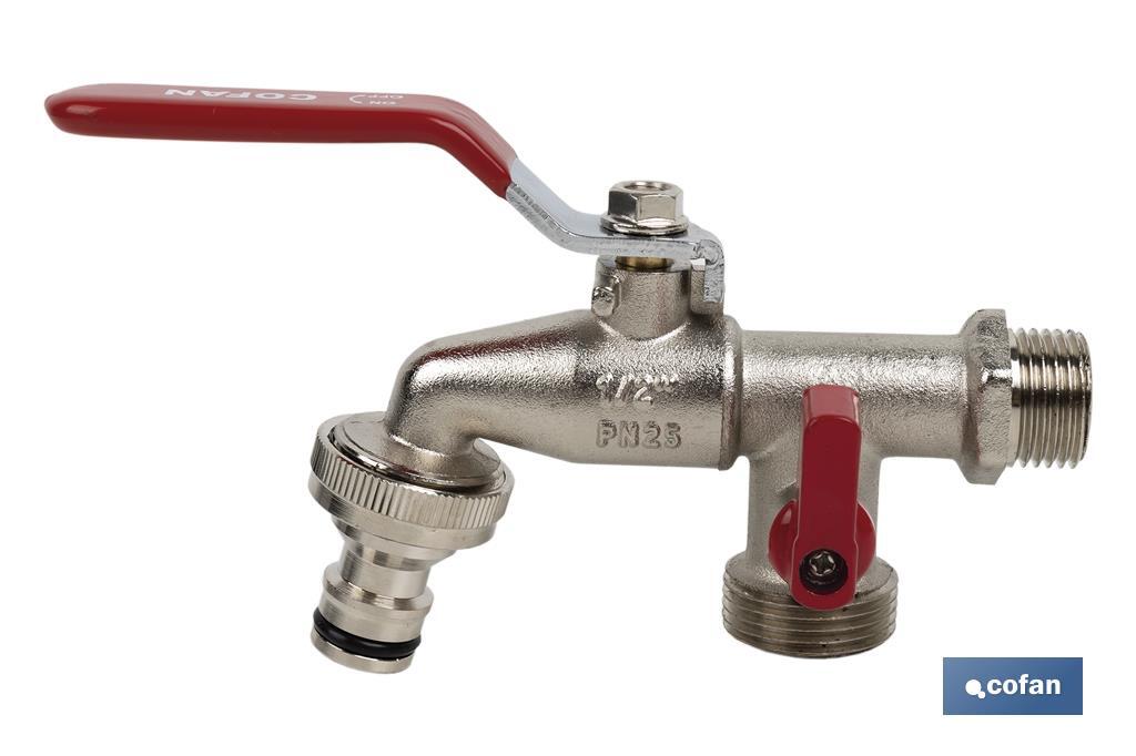 GRIFO CON MANETA PARA MANGUERA Y DOBLE SALIDA 1/2 X 3/4 X 3/4