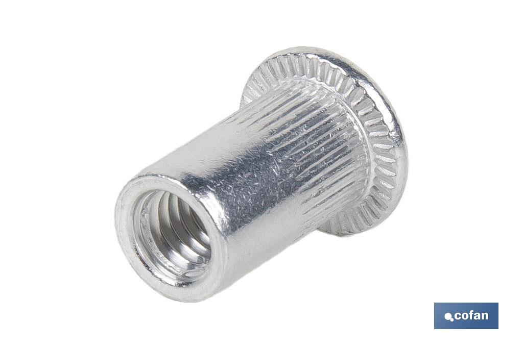 TUERCAS REMACHABLES CILÍNDRICAS RANURADAS FONDO ABIERTO CABEZA ANCHA ALUMINIO M3 X 10