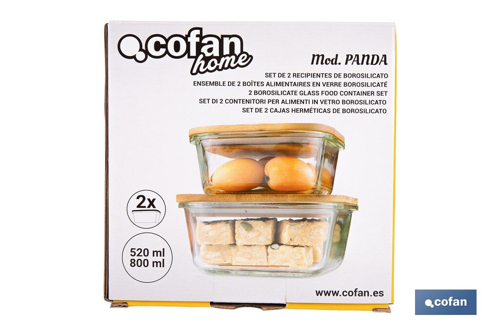 SET DE 2 RECIPIENTES DE BOROSILICATO CON TAPA DE BAMBÚ MODELO PANDA 520 ML - 800 ML