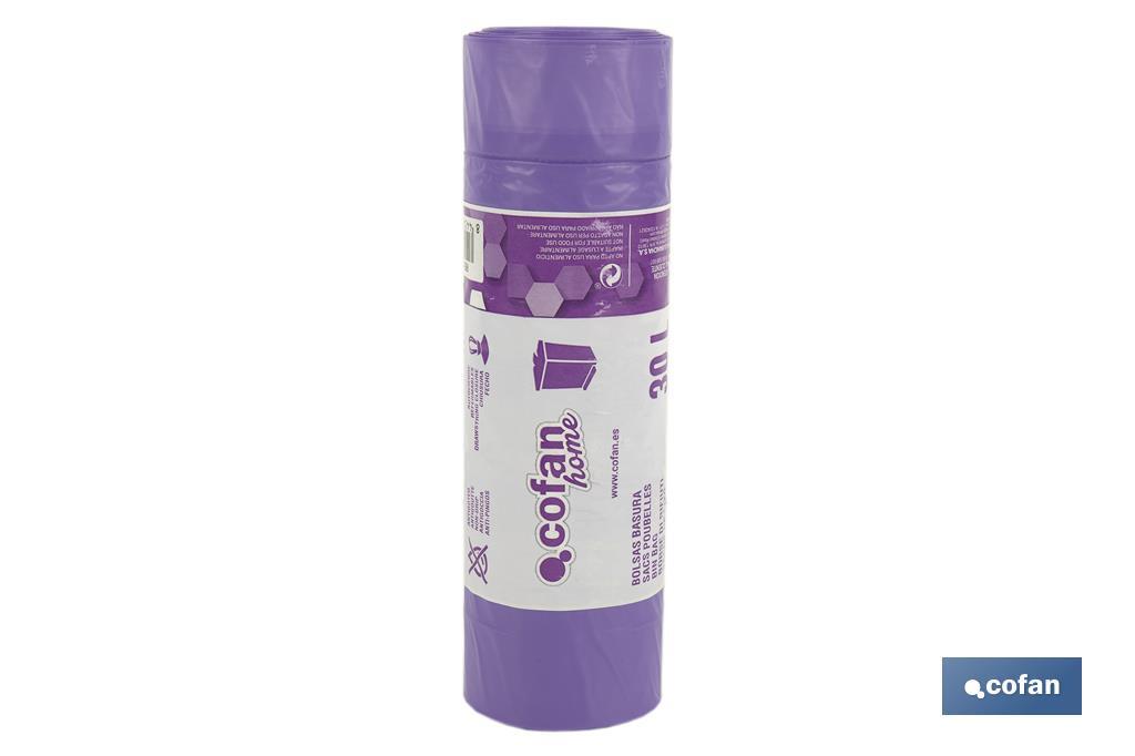 BOLSA DE BASURA AUTOCIERRE PERFUMADA LAVANDA 57 X 57 G.90 COLOR VIOLETA 15 UDS 30l