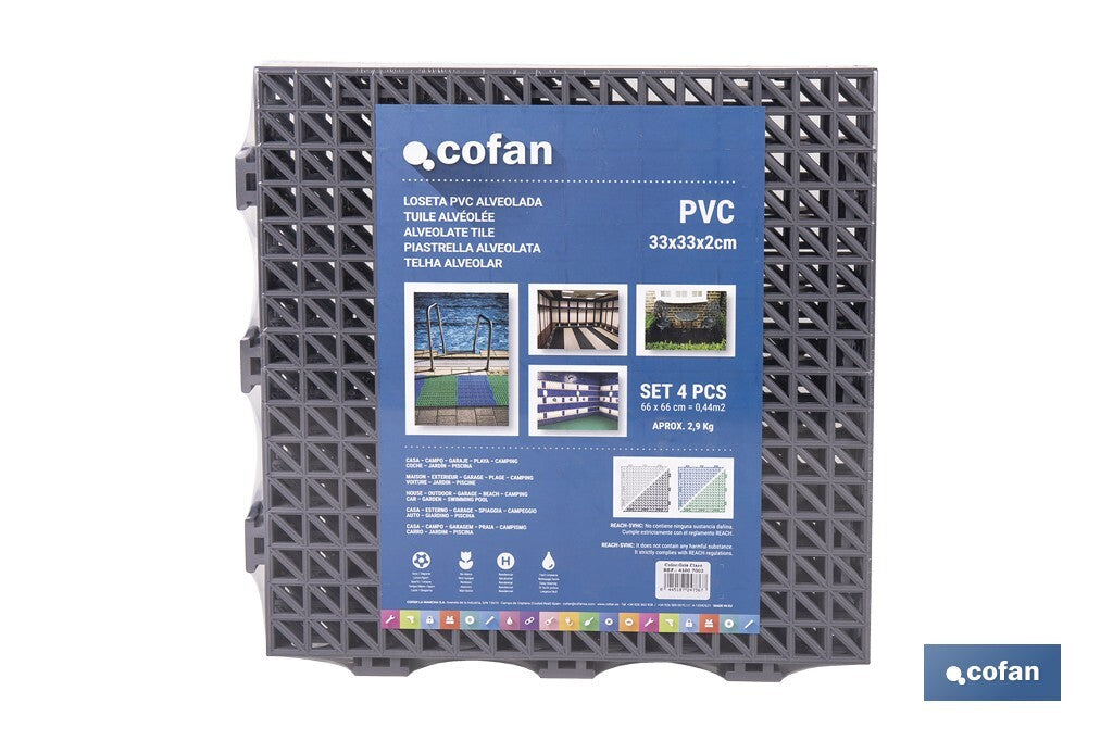 SET DE 4 UDS. LOSETA ALVEOLADA GRIS CLARO DE PVC 33 X 33 X 2 CM