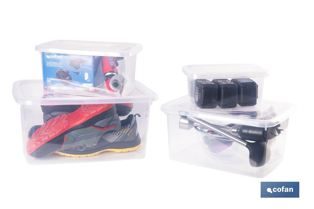 PACK DE 4 CAJAS DE ALMACENAJE TRANSPARENTES 4 L + 8 L + 15 L + 26 L