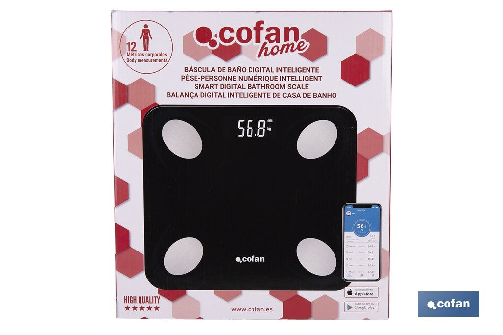 BÁSCULA DE BAÑO DIGITAL NEGRA CON PANTALLA LCD, USB Y MEDICIÓN IMC DE GRASA VISCERAL 30 X 26,5 X 2,2 CM