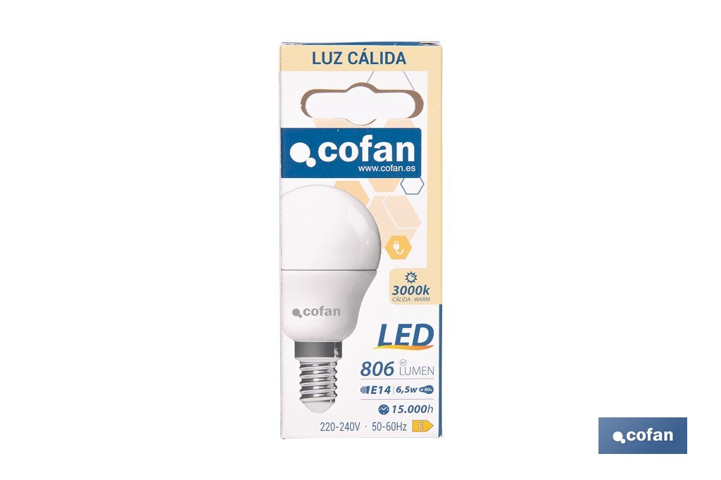 BOMBILLA LED ESFÉRICA E14 6.5 W 806 LM 3000 K