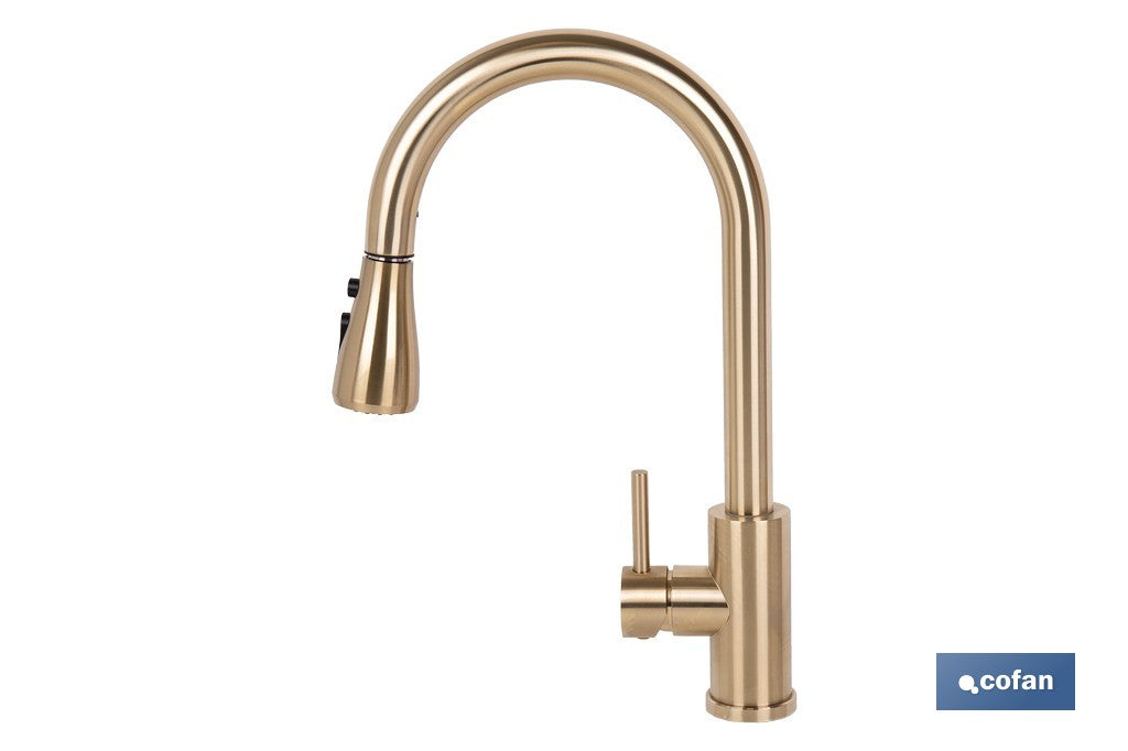 GRIFO DE COCINA DORADO DE ACERO CEPILLADO CON MANGUERA EXTENSIBLE Y 3 FUNCIONES 400 X 220 X 54 MM