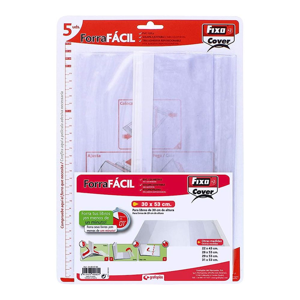 FORROS PARA LIBROS AJUSTABLES DE PVC TRANSPARENTE 300 x 530 mm, 5 uds