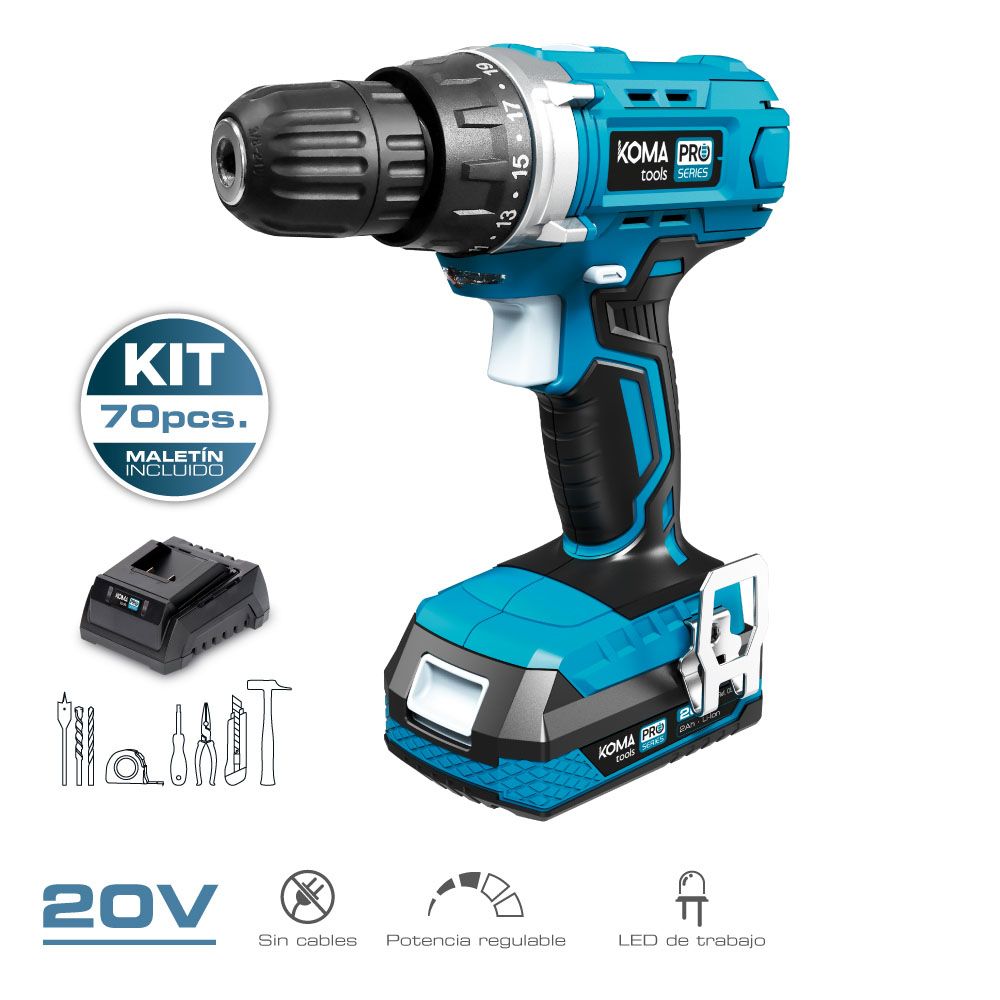 KIT TALADRO ATORNILLADOR 20 V CON 70 ACCESORIOS CON BATERÍA Y CARGADOR