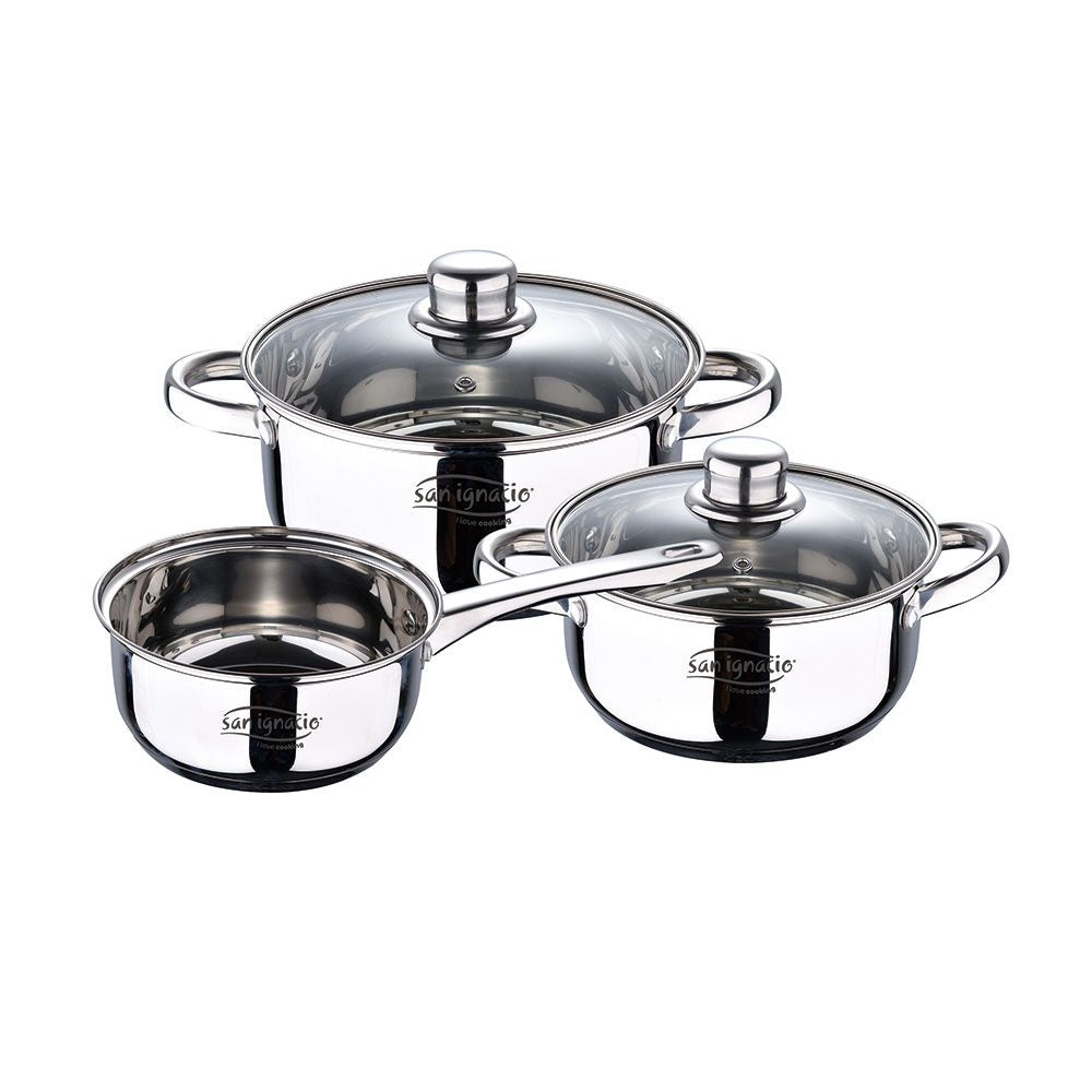 BATERIA 5 PIEZAS DE ACERO INOXIDABLE IND CASSEL: CAZO Ø16 cm /  CACEROLA CON TAPA Ø18 cm / CACEROLA CON TAPA Ø20 cm