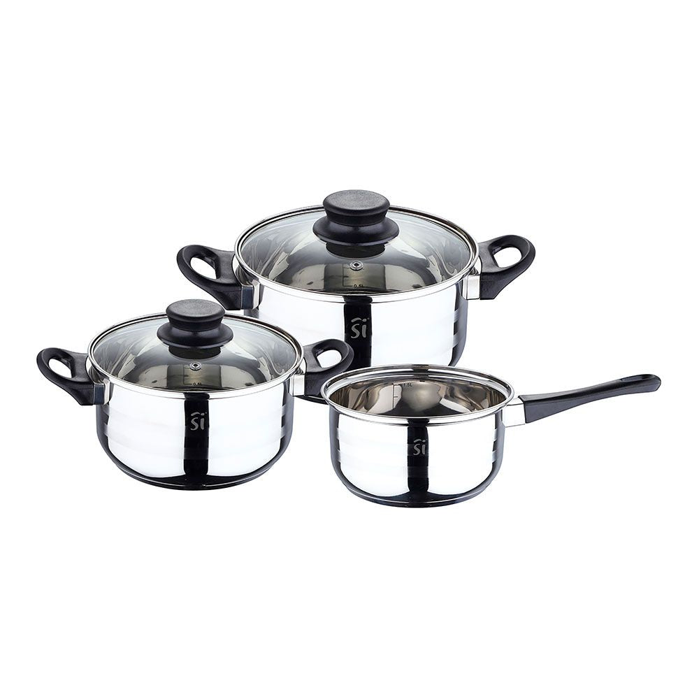 BATERIA 5 PIEZAS DE ACERO INOXIDABLE IND TOLEDO: CAZO Ø16 cm /  CACEROLA CON TAPA Ø18 cm / CACEROLA CON TAPA Ø20 cm