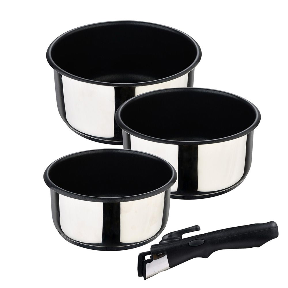 CAZOS CLICK & COOK ACERO INOXIDABLE  Ø16 x 8 cm / Ø18 x 9 cm / Ø20 x 10 cm + MANGO MULTIUSOS