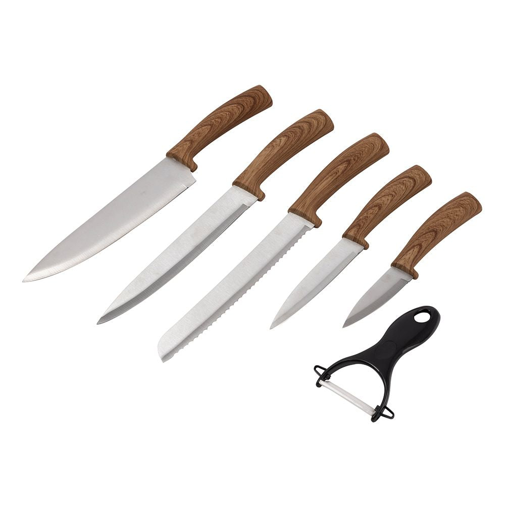 JUEGO DE CUCHILLOS 5 PIEZAS ACERO INOX Y PELADOR