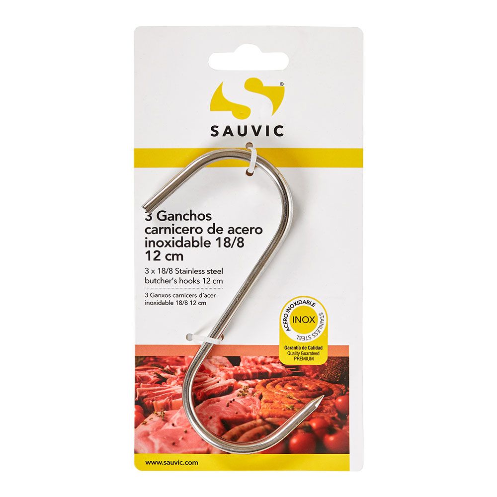 GANCHOS CARNICERO INOXIDABLE 18/8, 12 cm DE LONGITUD, BLISTER 3 unidades