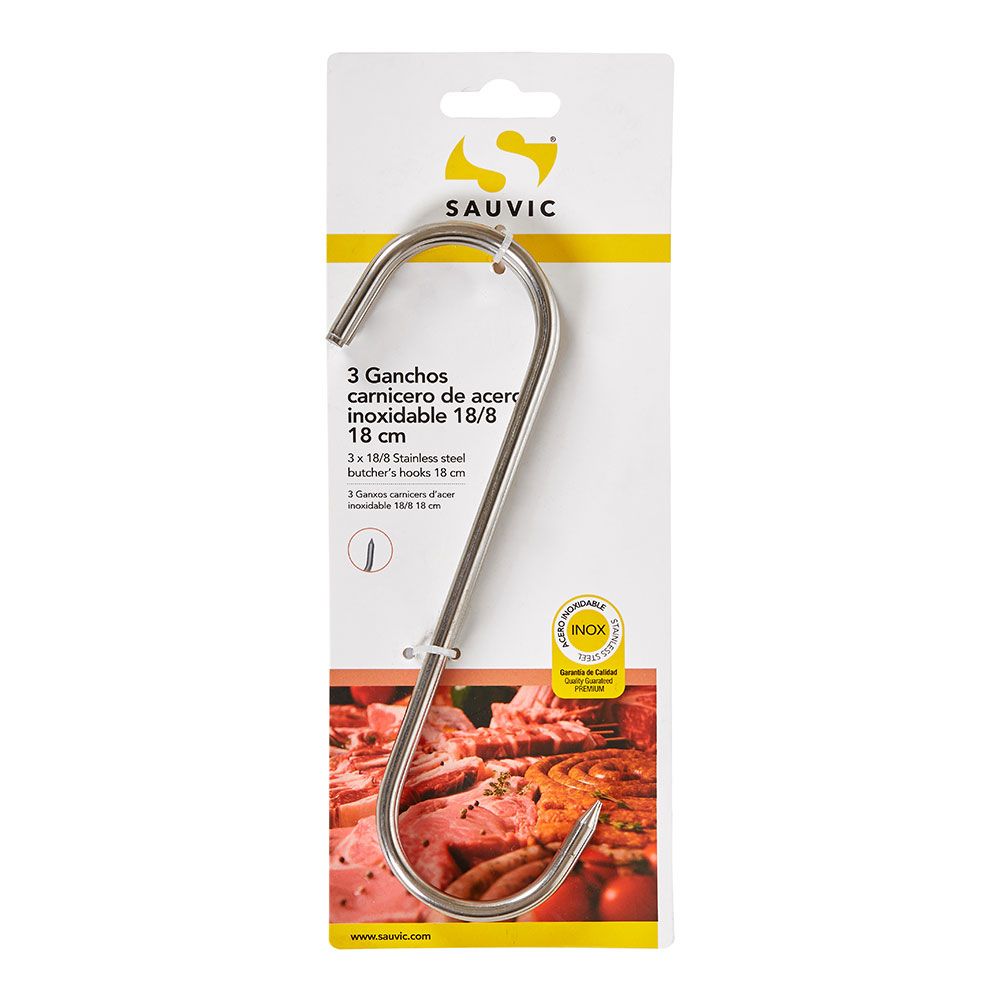 GANCHOS CARNICERO INOXIDABLE 18/8 18 cm DE LONGITUD, BLISTER 3 unidades