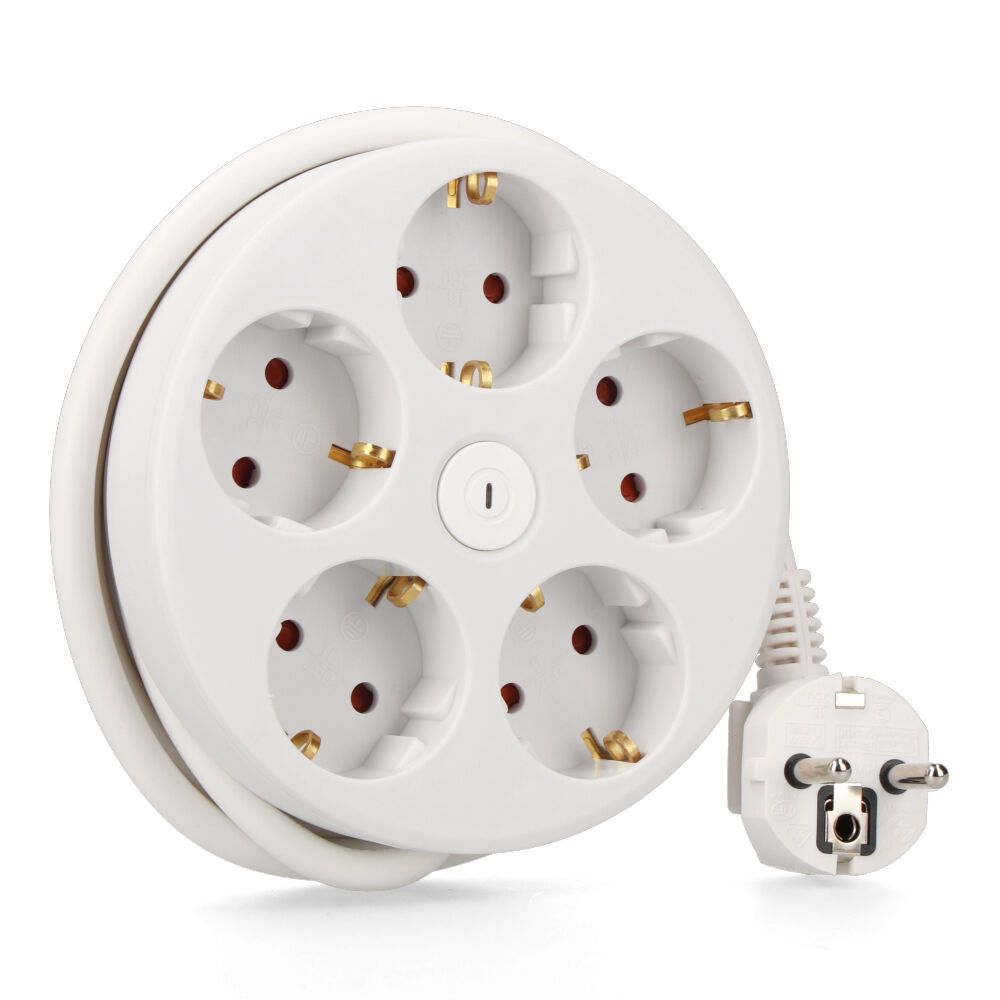 BASE MÚLTIPLE REDONDA 5 TOMAS 2P+T SCHUKO, CON INTERRUPTOR, 1,5 m DE CABLE H05VV-F 3G1,5 mm², 16A 250V~, BLANCA