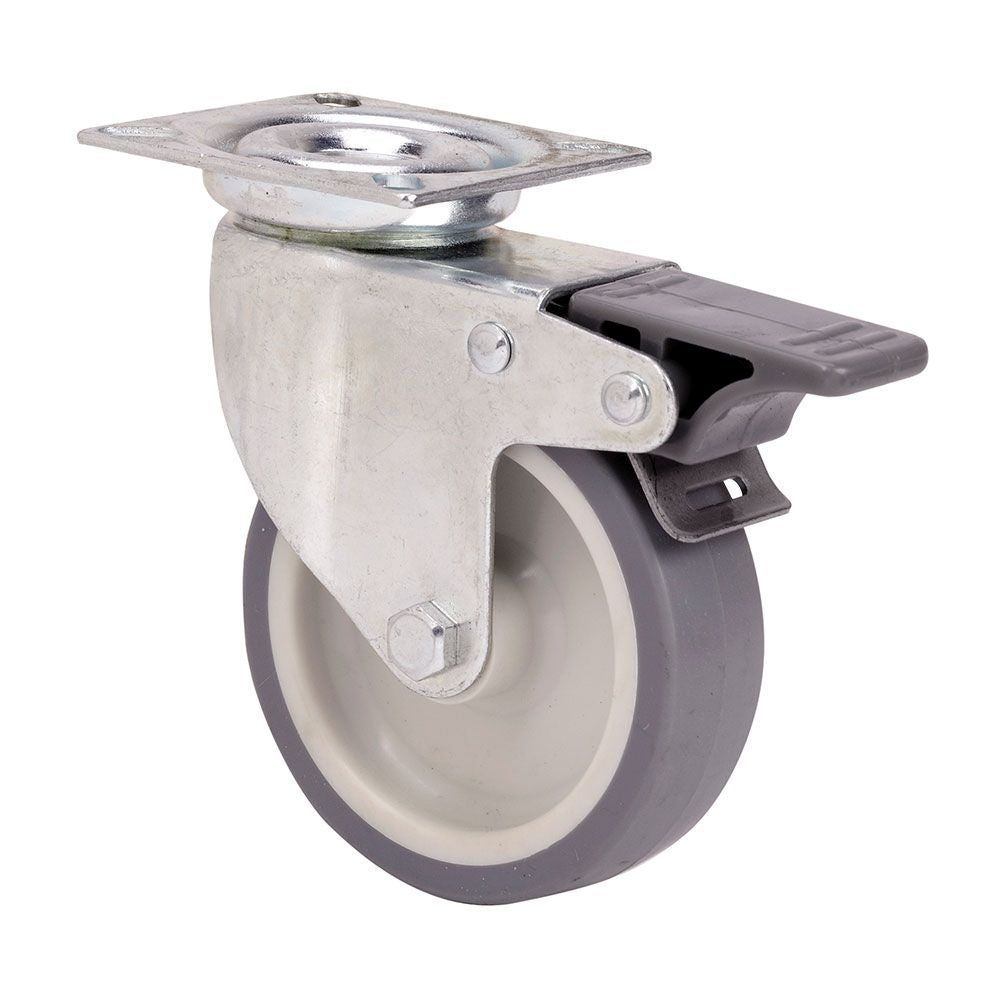 RUEDA GIRATORIA DE GOMA CON PLACA, EJE LISO Y FRENO, COLOR GRIS, CARGA MÁX. 50 kg, Ø 6 cm