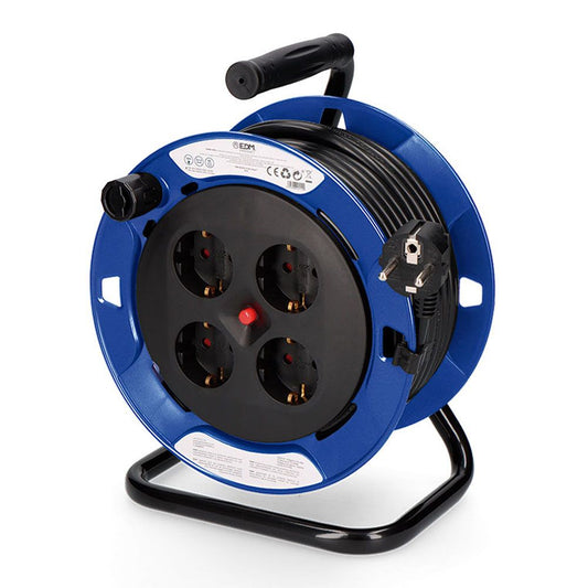 ENROLLACABLES 15 m 3 G 1,50 mm² 4 TOMAS BIPOLARES CON T/TL PROFESIONAL CON PROTECTOR TERMICO