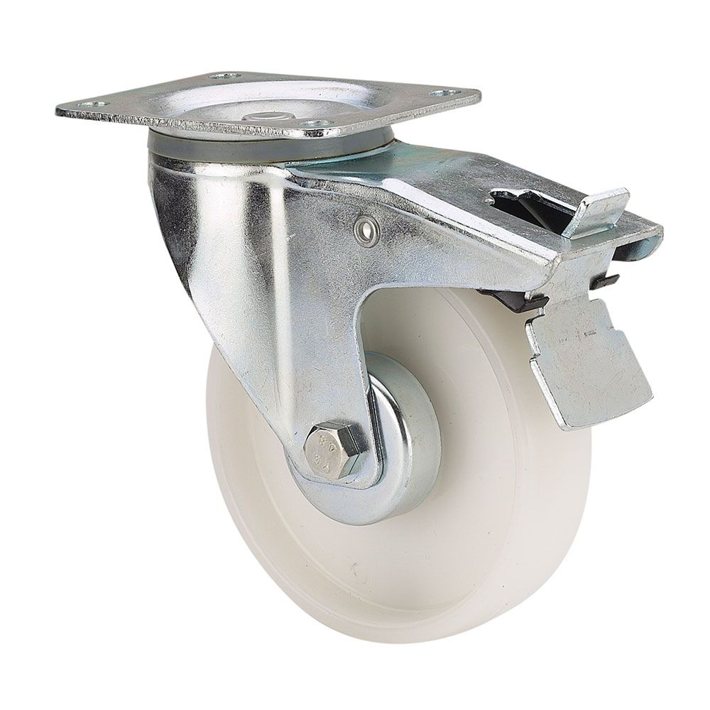 RUEDA GIRATORIA DE POLIAMIX CON PLACA, EJE LISO Y FRENO, COLOR BLANCO, CARGA MÁX.150 kg, Ø 10 cm