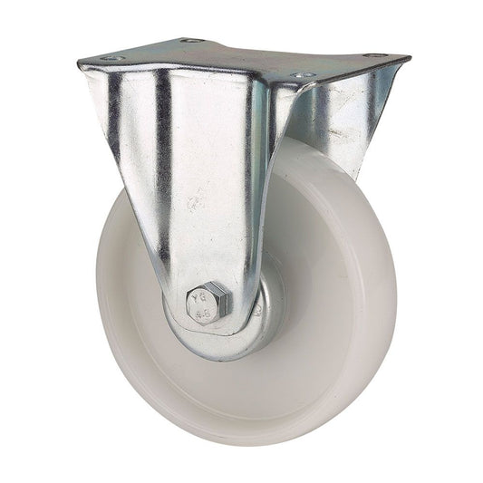 RUEDA FIJA DE POLIAMIX CON PLACA Y EJE LISO, COLOR BLANCO, CARGA MÁX. 150 kg, Ø 10 cm