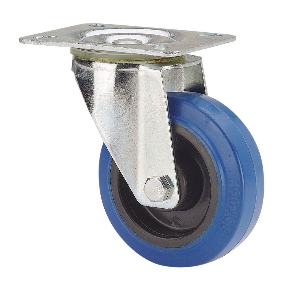RUEDA GIRATORIA DE GOMA CON PLACA Y EJE DE RODILLOS, COLOR AZUL, CARGA MÁX. 130 kg, Ø 12,5 cm