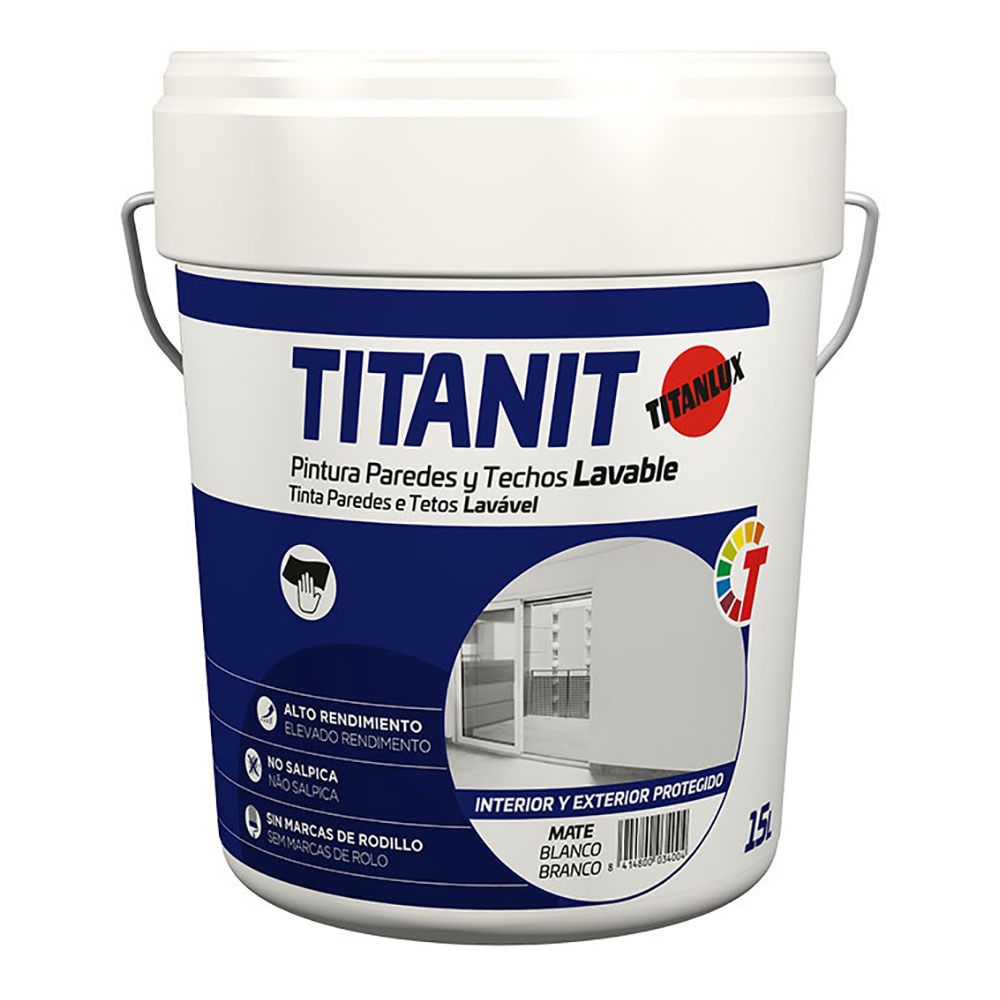 PINTURA PLÁSTICA ACRÍLICA ESTIRENADA INTERIOR/EXTERIOR LAVABLE TITANIT BLANCO MATE 15 L