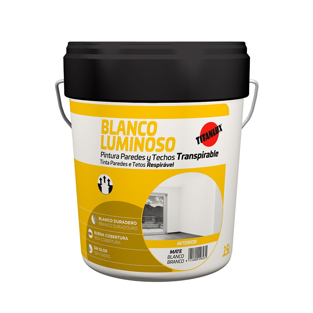 PINTURA PLÁSTICA ACRÍLICA ESTIRENADA INTERIOR TRANSPIRABLE, BLANCO MATE LUMINOSO, 4 L