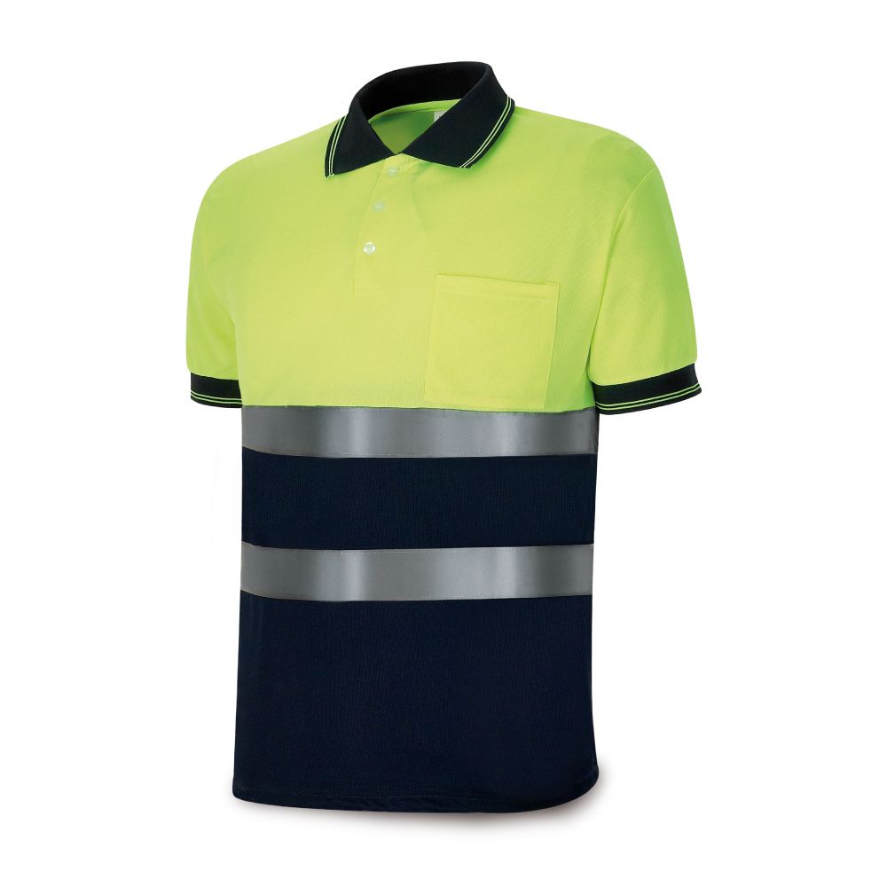 POLO AMARILLO FLUORESCENTE / AZUL MARINO, MANGA CORTA DE ALTA VISIBILIDAD, L