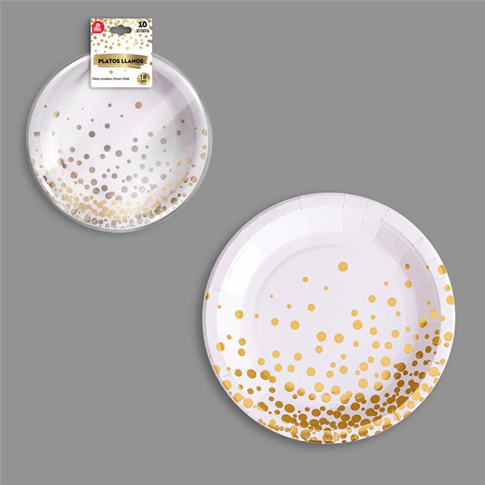 PLATOS DE CARTÓN BLANCO / DORADO Ø18 cm, 10 uds