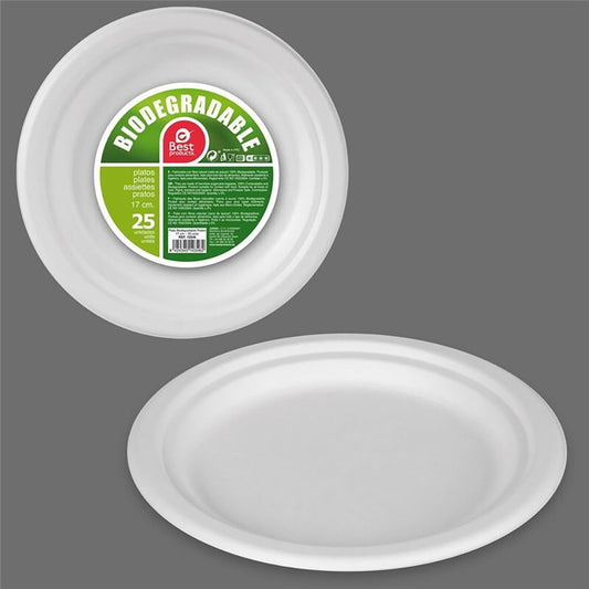 PLATOS DE CARTÓN REDONDOS DE POSTRE BLANCOS Ø17 cm, 25 uds