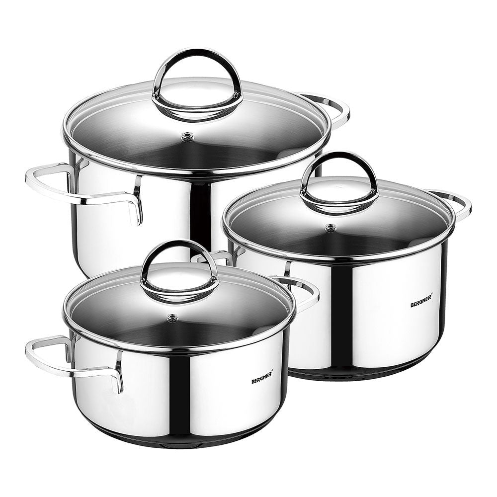 BATERÍA 6 PIEZAS DE ACERO INOXIDABLE PARA INDUCCIÓN; CAZUELA CON TAPA Ø16 cm / CAZUELA CON TAPA Ø18 cm / CAZUELA CON TAPA Ø20 cm