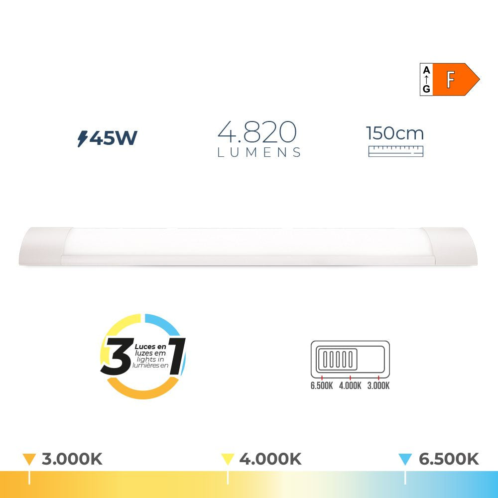 REGLETA LED 45 W TEMPERATURA DE LUZ VARIABLE 6500 K / 4000 K / 3000 K, 3CCT, 4820 lm, 150 x 2,6 x 7,4 cm