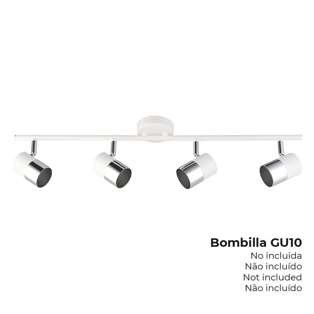 FOCO 4 ELEMENTOS MODELO MOON GU-10 (BOMBILLA NO INCLUIDA) COLOR CROMO+BLANCO HUESO 70 x 7,6 x 15,2 cm