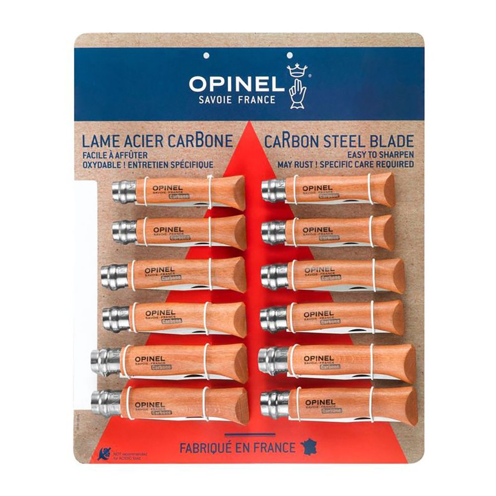 EXPOSITOR NAVAJAS OPINEL ACERO AL CARBONO, 12 uds (Nº6, Nº7, Nº8; 4 uds DE CADA NUMERO)