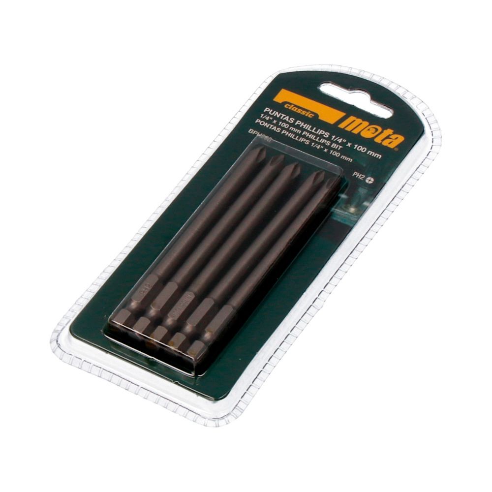 PACK 5 PUNTAS BIT PH2 x 90mm 1/4" ACERO BPH290 MOTA
