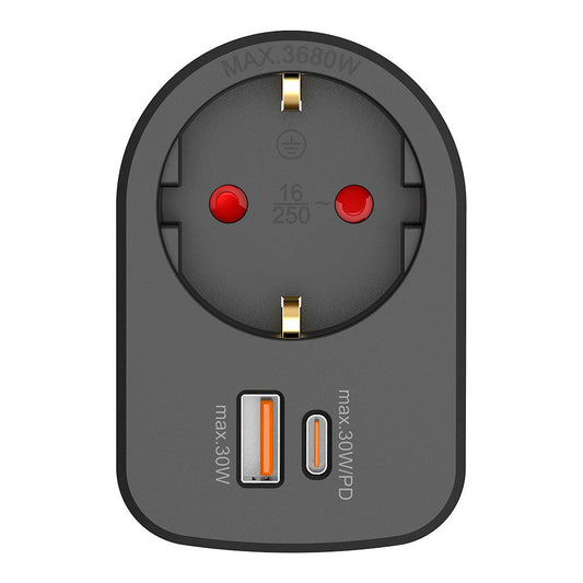ADAPTADOR COMBI 30 W USB A + C + 1 TOMA SCHUKO, 16 A 250 V~, NEGRO