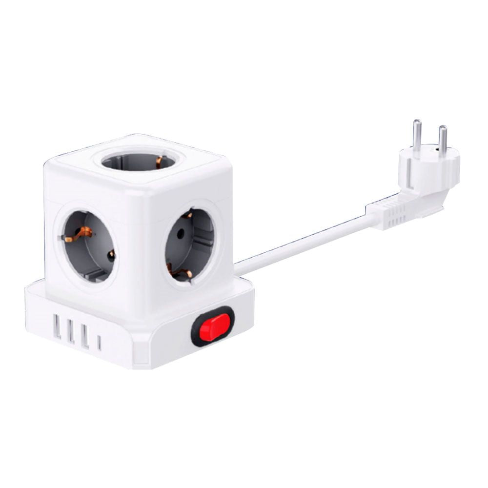 BASE AÉREA 5 TOMAS SCHUKO 2P+T CON INTERRUPTOR 16 A 3680 W 250 V~+ 4 USB 3,1A (3 A+1 C), CABLE DE 1,5 m, BLANCA