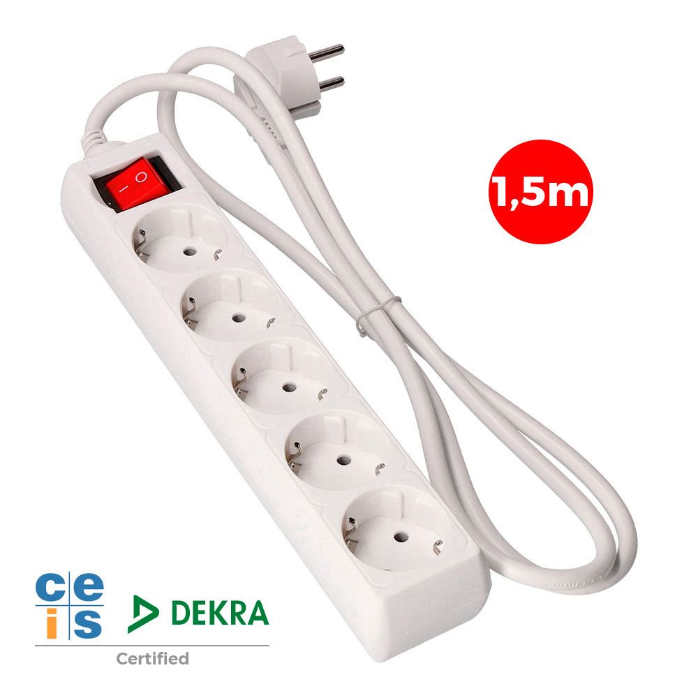 BASE MÚLTIPLE 5 TOMAS 2P+T CON INTERRUPTOR LUMINOSO, 16 A 250 V~ 1,5 m DE CABLE H05VV-F 3 G 1,5 mm² BLANCA
