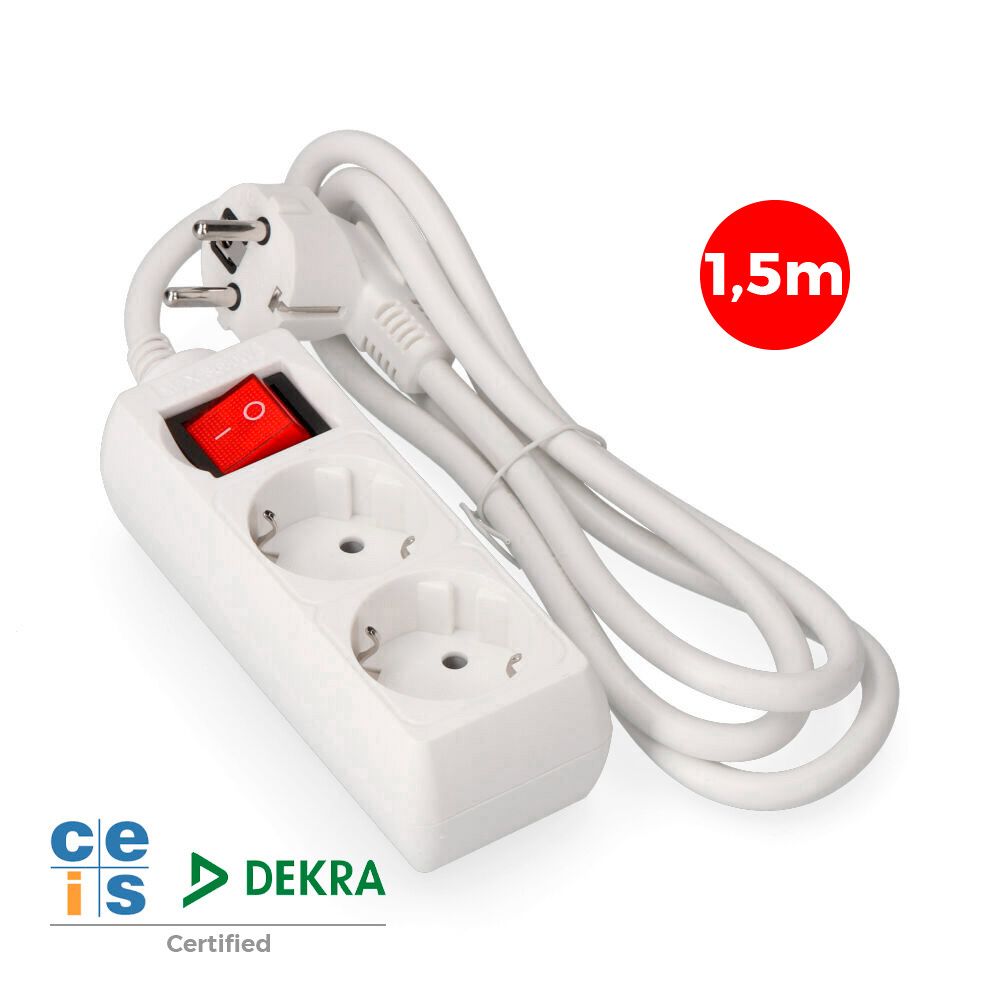 BASE MÚLTIPLE 2 TOMAS 2P+T CON INTERRUPTOR LUMINOSO, 16 A 250 V~ 1,5 m DE CABLE H05VV-F 3 G 1,5 mm² BLANCA