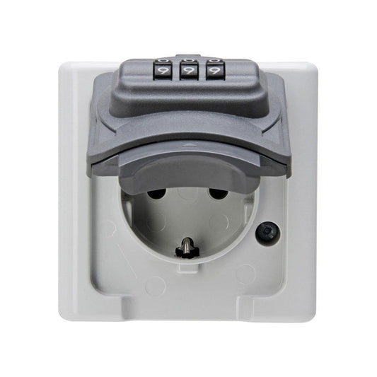 BASE FIJA 2P+T TIPO F SUPERFICIE GRIS 16A 250V~  CON CERRADURA DE COMBINACIÓN
