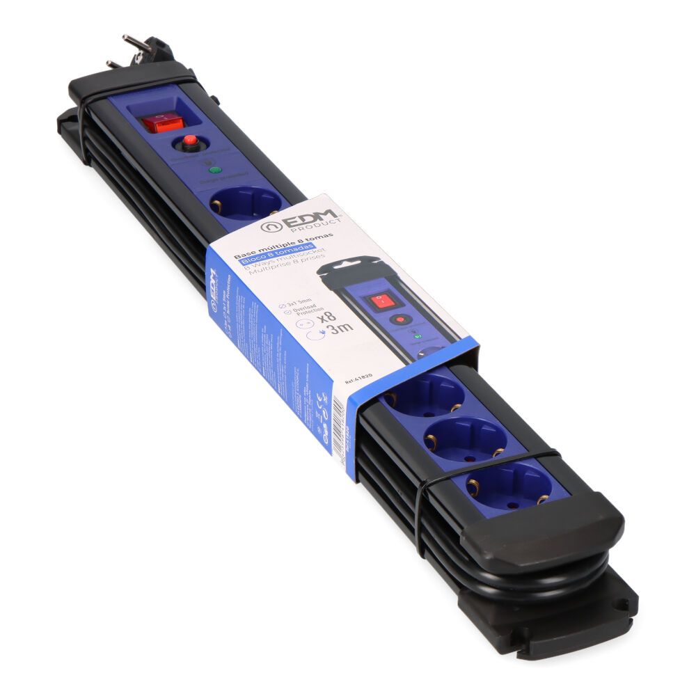BASE MULTIPLE 8 TOMAS 2P+T CON INTERRUPTOR LUMINOSO+PROTECTOR, 3 m CABLE H05VV-F 3G1,5 mm² NEGRA / AZUL