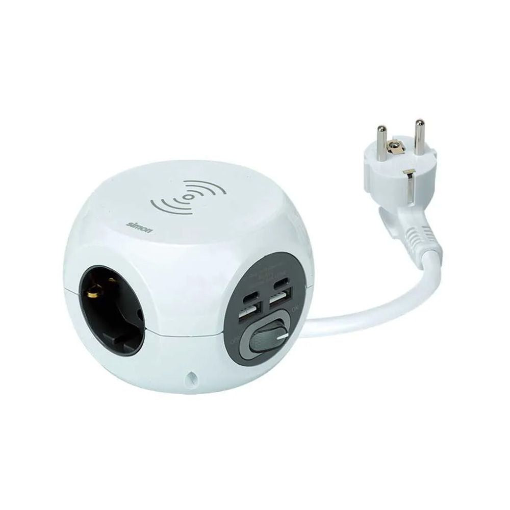 COMBIBALL, CARGA INALÁMBRICA + 3 TOMAS (2PT+T) + 2 USB A + 2 USB C, BLANCA.