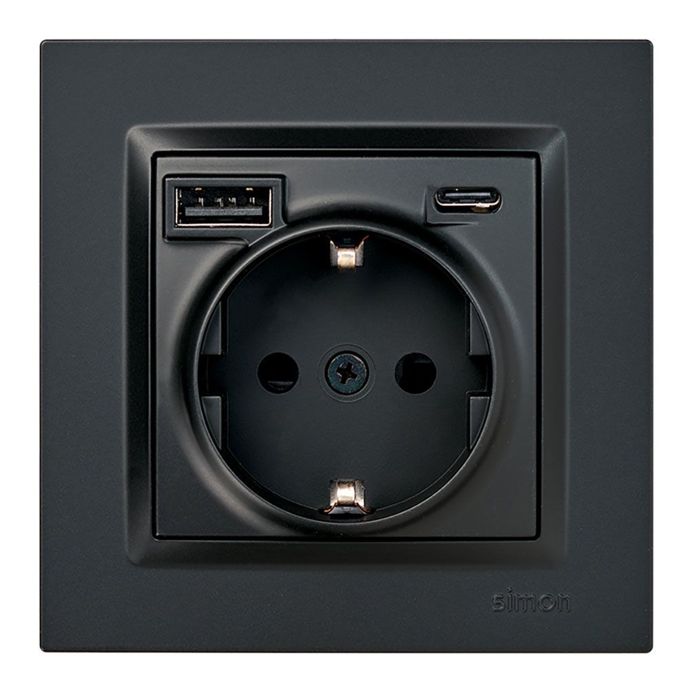 BASE ENCHUFE SCHUKO + USB A + C 10,5 W 16 A 250 V~, SIMON 10, NEGRO