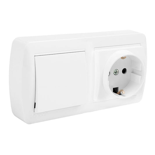 BASE FIJA 2P+T 16A 250V + CONMUTADOR/INTERRUPTOR 10AX 250V SUPERFICIE MURAL 148 x 72 x 42 mm