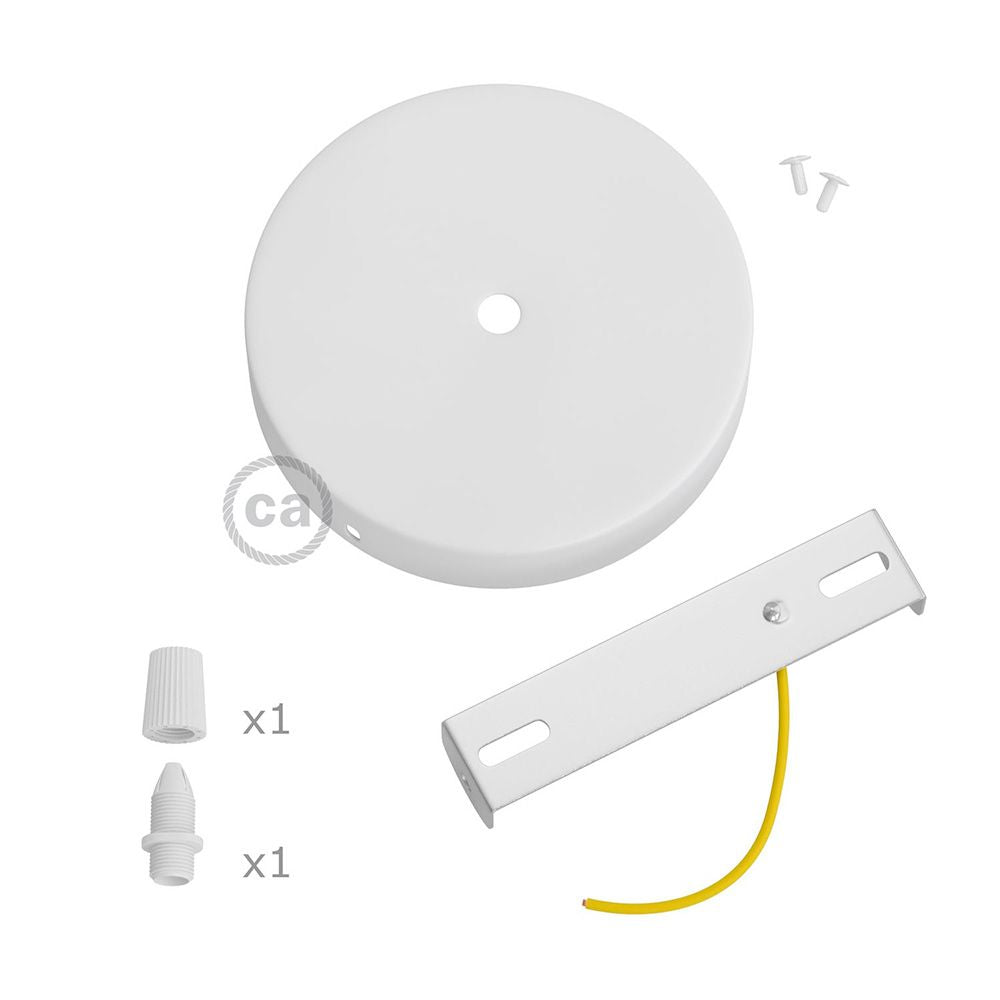 KIT FLORÓN METAL Ø120 x 25 mm, AGUJERO CENTRAL DE 10 mm, CON PRENSAESTOPA PLÁSTICO, BLANCO MATE