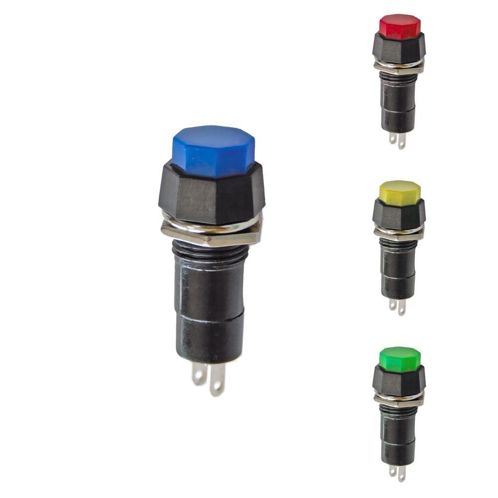 PULSADOR BASE HEXAGONAL 1A 250V, COLORES SURTIDOS
