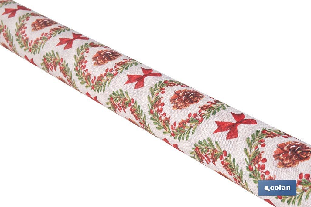 ROLLO DE MANTEL RESINADO ANTIMANCHAS LAZOS Y PIÑAS 75% ALGODÓN 25% POLIÉSTER 1,40 X 15 M