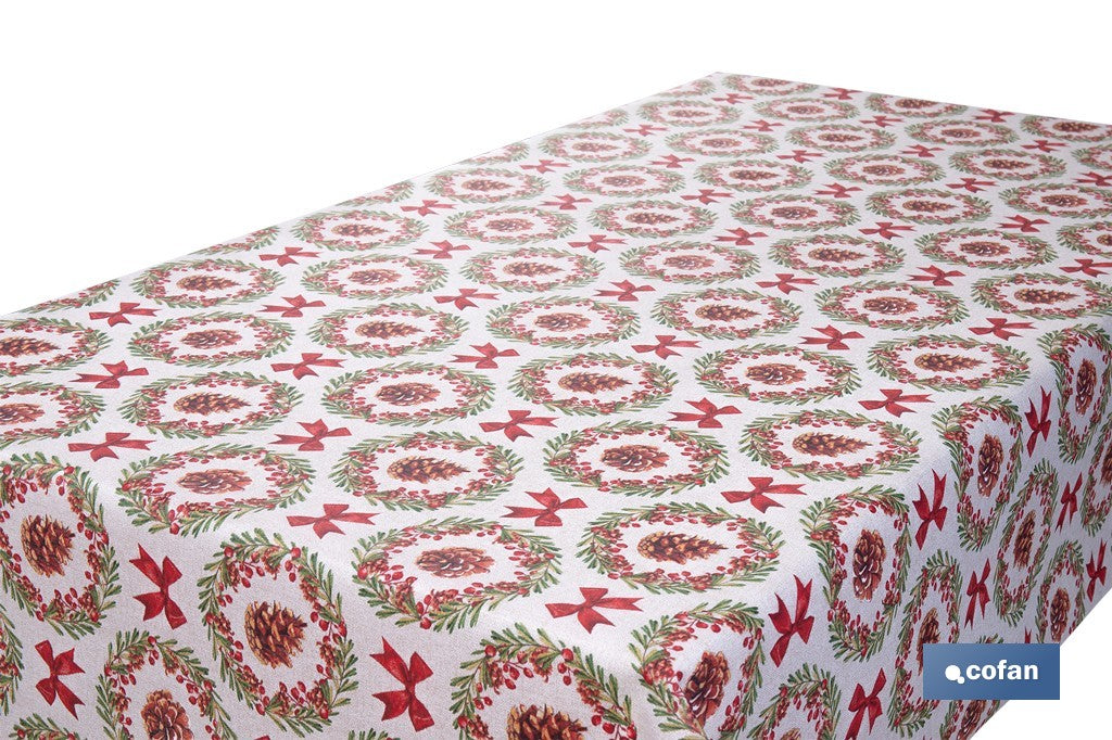 ROLLO DE MANTEL RESINADO ANTIMANCHAS LAZOS Y PIÑAS 75% ALGODÓN 25% POLIÉSTER 1,40 X 15 M