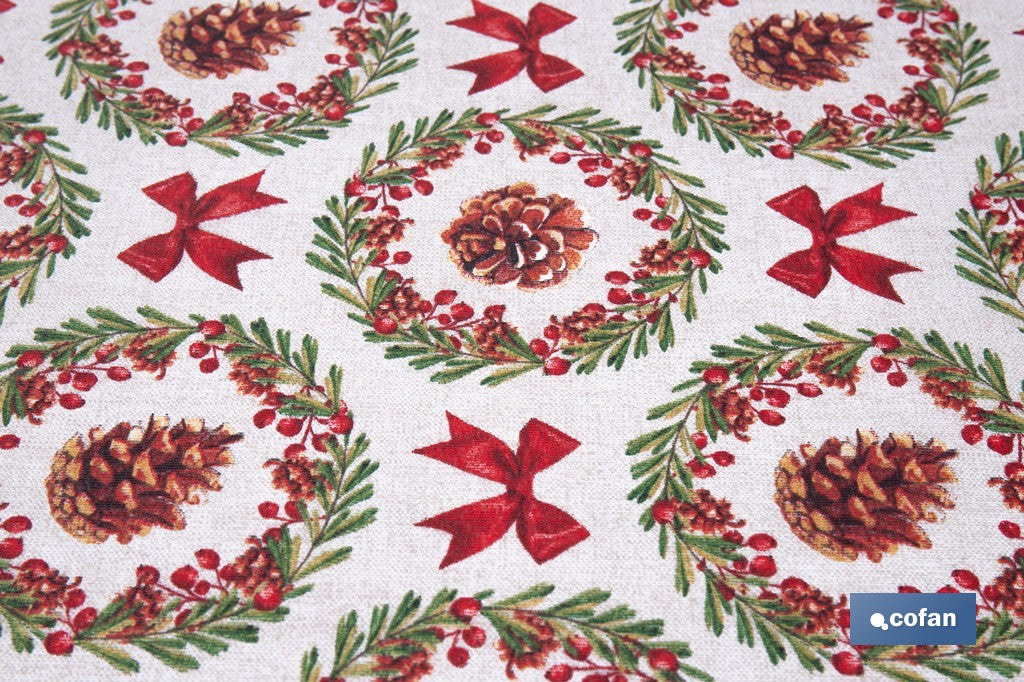 ROLLO DE MANTEL RESINADO ANTIMANCHAS LAZOS Y PIÑAS 75% ALGODÓN 25% POLIÉSTER 1,40 X 15 M