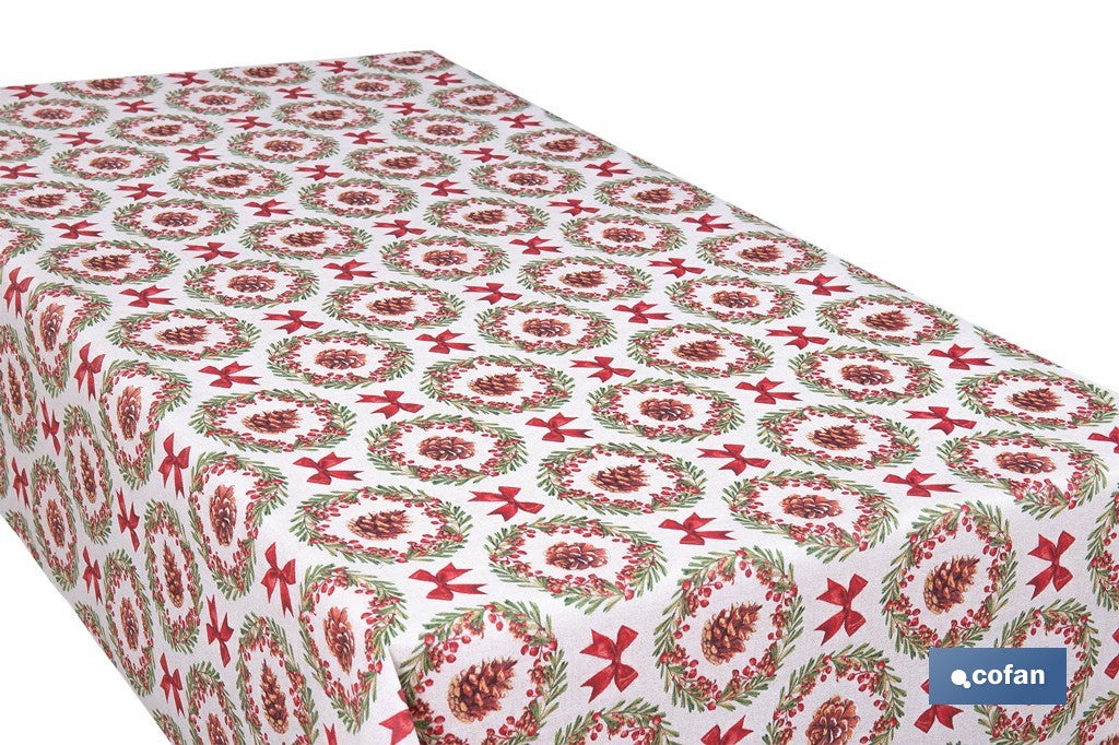 ROLLO DE MANTEL RESINADO ANTIMANCHAS LAZOS Y PIÑAS 75% ALGODÓN 25% POLIÉSTER 1,40 X 15 M