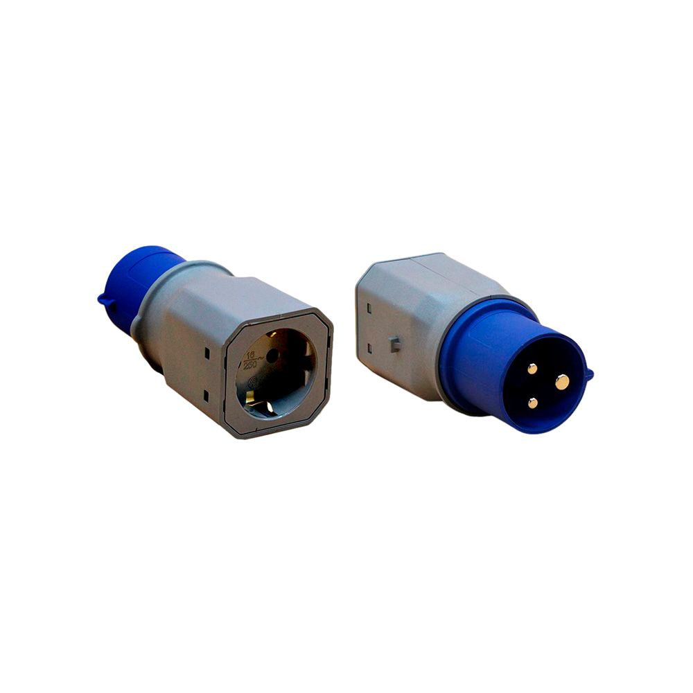 ADAPTADOR CETAC MACHO A SCHUKO HEMBRA, 2P+T, 250 V 16 A, AZUL Y GRIS